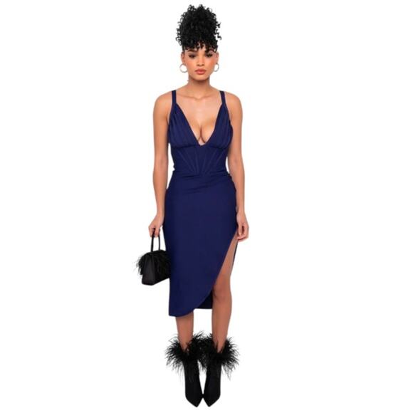 NWT Akira SEE YOU SOON BANDAGE MIDI DRESS WITH HIGH SLIT NAVY sz L - Picture 1 of 11